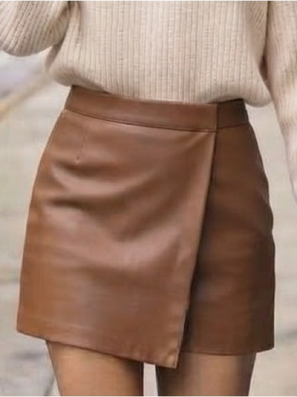 IRIS Cognac Faux Leather Asymmetric Wrap Skort Small Tan High Waist Shorts S